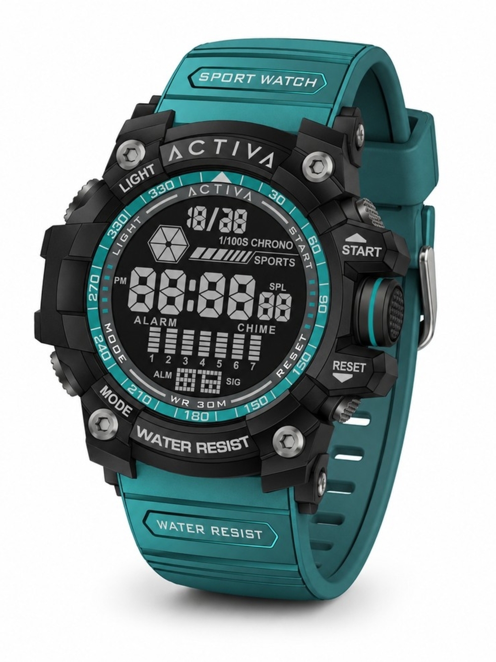 ACTIVA Sports Digital LCD Quartz Alarm Chronograph 30M Blue/Black Rubber 002